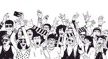 Crowd of excited people or music fans with raised hands. Spectators or audience of summer open air festival. Hand drawn with black contour lines on white background. Monochrome vector illustration.のイラスト素材