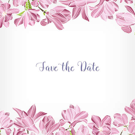 Save the Date card template decorated with floral border or frame made of pink blooming magnolia flowers. Square background with gorgeous flowering plants. Colored hand drawn vector illustrationのイラスト素材