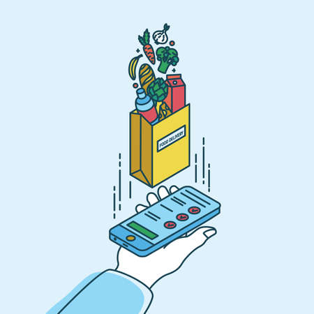 Hand holding smartphone and paper bag with products. Concept of food delivery service or mobile application for online grocery store or shop. Colorful vector illustration in modern line art style.のイラスト素材