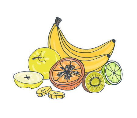 Whole and cut exotic juicy fruits lying together isolated on white background apple, banana, kiwi, orange, lime. Composition with healthy veggie food colorful hand drawn vector illustration.のイラスト素材