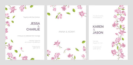 Set of beautiful wedding party invitation templates decorated with pink blooming magnolia flowers. Bundle of cards with floral decorative elements and place for text. Elegant vector illustrationのイラスト素材