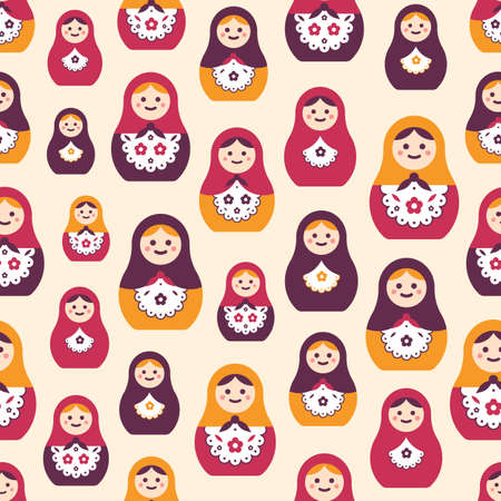 Seamless pattern with traditional Russian folk handcrafted nesting dolls. Backdrop with matryoshkas of various size. Flat colorful vector illustration for wrapping paper, textile print, wallpaperのイラスト素材