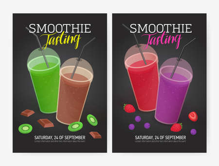 Set of flyer or poster templates for smoothie tasting party with delicious fresh fruit, berry and chocolate drinks in plastic glasses with lids and straws. Vector illustration for event promotionのイラスト素材