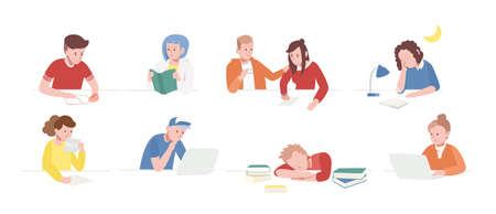 Collection of teenage boys and girls sitting at desks with laptops, reading books, writing, sleeping. Set of school children or students preparing for exams. Flat cartoon vector illustrationのイラスト素材