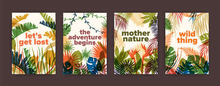 Bundle of poster templates with colorful translucent leaves of tropical jungle plants and inspiring...