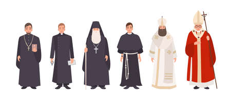 Collection of monks, priests and religious leaders of Catholic and Orthodox christian churches. Bundle of clergymen or male flat cartoon characters isolated on white background. Vector illustration.のイラスト素材
