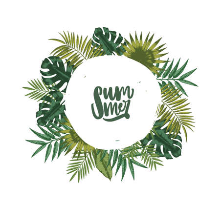 Wreath or circular garland made of palm tree leaves or foliage of tropical plants and lettering...