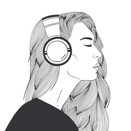 Portrait of beautiful long-haired young woman wearing headphones drawn with black contour lines on white background. Relaxed girl listening to music, side view. Monochrome vector illustrationのイラスト素材
