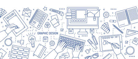 Banner with hands of designer working in digital editor or drawing on tablet, stationery and art tools drawn with blue lines on white background. Graphic design. Vector illustration in lineart styleのイラスト素材