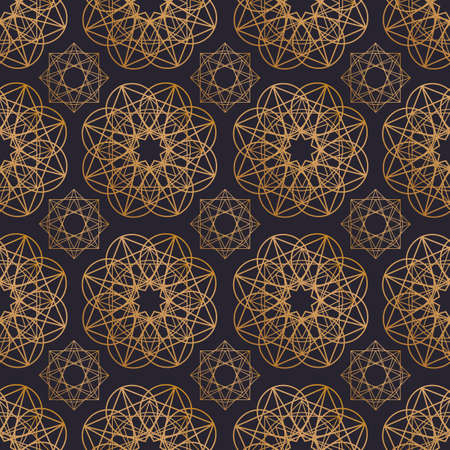 Oriental seamless pattern with round geometric shapes drawn with golden contour lines on black...