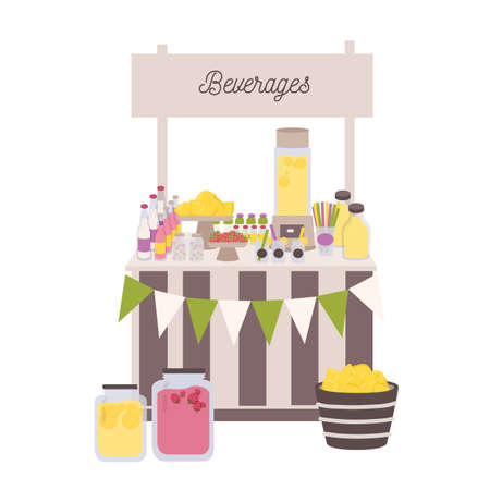 Marketplace or counter with signboard, bottles and jars with lemonade and other beverages.のイラスト素材
