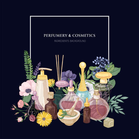 Square backdrop with perfume in glass decorative bottles of various shapes and sizes, gorgeous blooming flowers and place for text on dark blue background.のイラスト素材