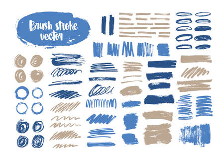 Bundle of blue and gray brush strokes, paint traces, smudges, smears, stains, scribble isolated on white background. Collection of hand drawn decorative design elements. Artistic vector illustrationのイラスト素材