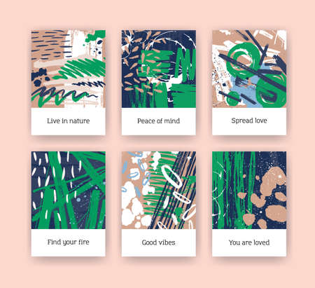 Bundle of poster templates with green and brown brush strokes, paint traces and inspirational...