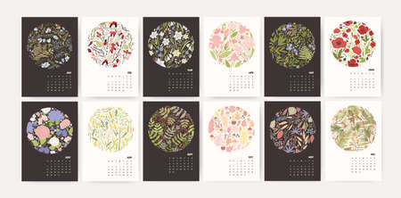Calendar for 2019 year. Page templates with round seasonal floral decorative elements and months on black and white backgrounds. Effective monthly planner. Modern botanical vector illustrationのイラスト素材