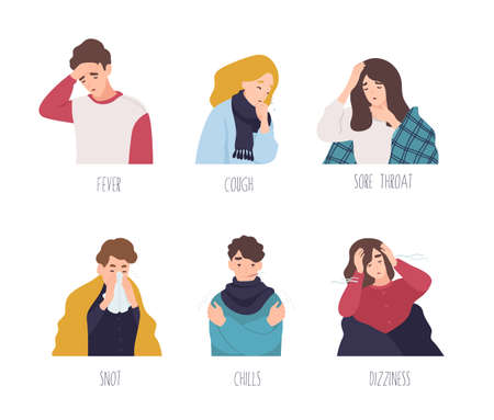 Male and female cartoon characters demonstrating symptoms of common cold - fever, cough, sore throat, snot, chills, dizziness. Collection of sick or ill men and women. Flat vector illustration.のイラスト素材