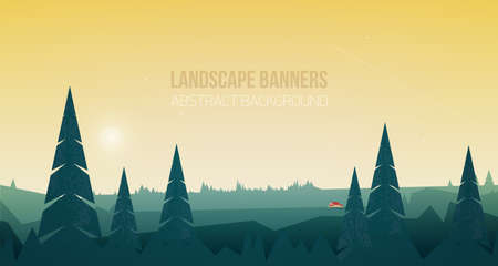 Horizontal banner with beautiful forest landscape or woodland scenery. Spectacular view with spruce trees and small house or cabin in woods against beautiful sky on background. Vector illustration.のイラスト素材