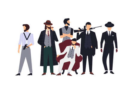 Group of mafia members or mafiosi dressed in elegant retro clothes or formal suits and holding fire guns. Flat male cartoon characters isolated on white background. Colorful vector illustration.のイラスト素材