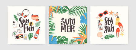 Collection of square summer cards with lettering handwritten with elegant cursive font and seasonal decorations - leaves, flowers, photo camera, sunglasses, seashell. Flat colored vector illustrationのイラスト素材