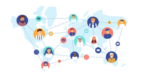Round portraits of smiling people connected with each other on world map. International business team, global professional network, multinational company. Flat cartoon colorful vector illustrationのイラスト素材