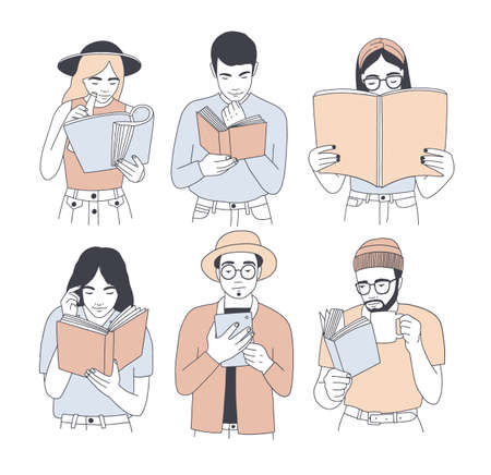 Collection of portraits of men and women reading paper and electronic books isolated on white background. Set of young male and female readers dressed in trendy clothes. Cartoon vector illustration.のイラスト素材