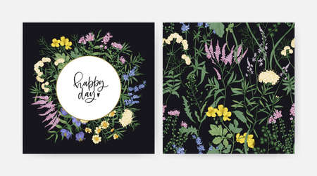 Square decorative card template with Happy Day wish and meadow blooming flowers and wild flowering plants on black background. Round floral decoration and texture. Botanical vector illustration.のイラスト素材
