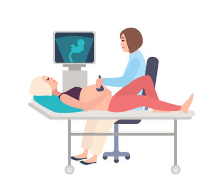 Smiling doctor or sonographer doing obstetric ultrasonography procedure on pregnant woman with medical ultrasound scanner. Baby growth monitoring. Colorful cartoon vector illustration in flat style.のイラスト素材