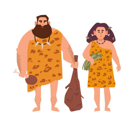 Pair of primitive archaic man and woman dressed in fur clothes and standing together. Romantic couple from Stone Age, cavemen. Cartoon characters isolated on white background. Vector illustration.のイラスト素材
