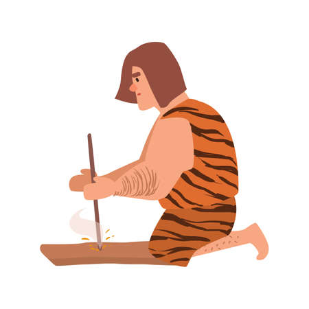 Primitive archaic man or caveman dressed in skin clothes lighting fire through friction by grinding piece of wood or hand drilling. Cartoon character isolated on white background. Vector illustration.のイラスト素材