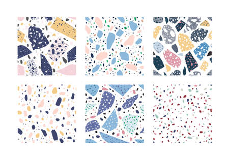 Collection of terrazzo geometric textures. Bundle of seamless patterns with colorful splinters or sprinkles on white background. Creative vector illustration for backdrop, textile print, flooring.のイラスト素材