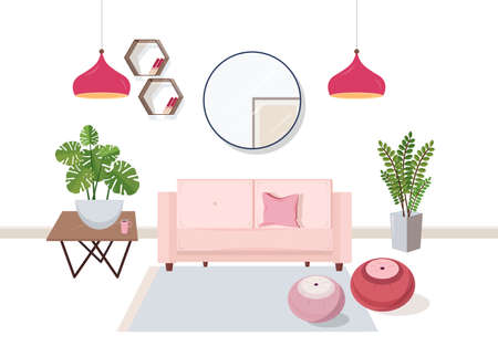 Interior of living room full of comfortable furniture and home decorations - couch, coffee table, house plants, ottoman footstools, shelves, lamps, mirror. Colorful vector illustration in flat style.のイラスト素材