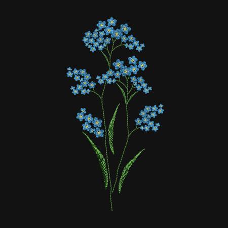 Forget-me-not flower embroidered with blue and green threads on black background. Elegant embroidery design with wild flowering herbaceous plant. Handiwork or handicraft. Colorful vector illustration.のイラスト素材