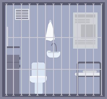 Empty prison, jail or detention center room with bed, toilet and sink and other facilities behind bars or grid. Place for imprisonment or punishment. Flat cartoon colorful vector illustration.のイラスト素材