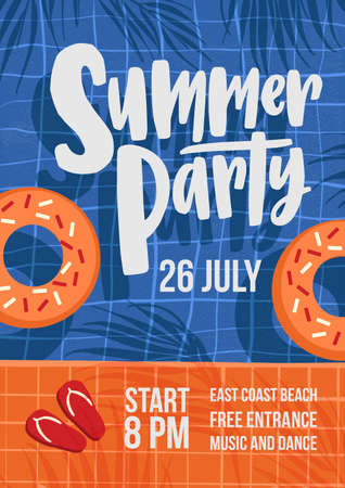Modern flyer or poster template for summer open air party with swimming pool, swim rings, shadows of palm trees and flip flops and place for text. Vector illustration for seasonal event promotion.のイラスト素材