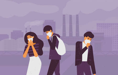 Sad people wearing protective face masks walking on street against factory pipes emitting smoke on background. Fine dust, air pollution, industrial smog, pollutant gas emission. Vector illustration.のイラスト素材