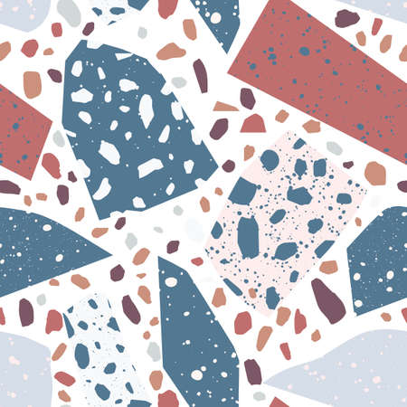 Terrazzo geometric texture. Seamless pattern with colorful splinters or sprinkles scattered on white background. Creative vector illustration for backdrop, textile print, wrapping paper, flooring.のイラスト素材