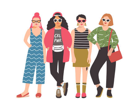 Four young women or girls wearing stylish clothing standing together. Group of female friend, feminists or feminism activists. Cartoon characters isolated on white background. Vector illustration.のイラスト素材