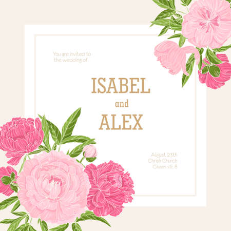 Square wedding invitation template decorated with blossoming pink peony flowers. Gorgeous garden flowering plants. Natural vector illustration in beautiful retro style for event celebration.のイラスト素材