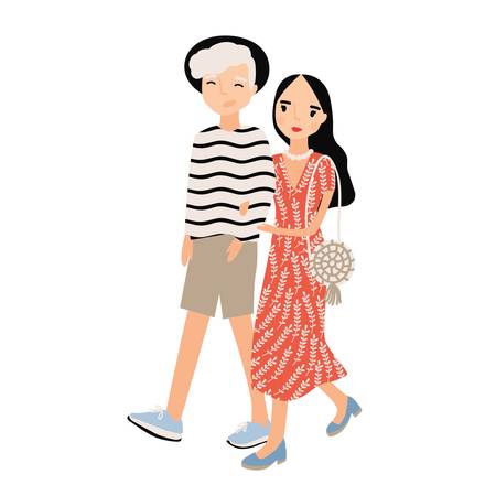 Cute romantic couple dressed in trendy clothes isolated on white background. Stylish hipster boy and girl walk together. Young man and woman in love. Colored vector illustration in flat cartoon style.のイラスト素材