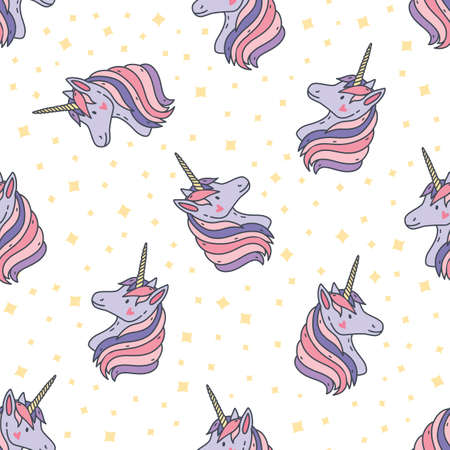 Colorful seamless pattern with unicorn heads. Backdrop with magical creatures with horn, fairytale animals and stars. Childish vector illustration for textile print, wallpaper, wrapping paper.のイラスト素材