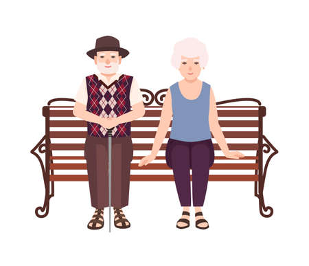Old man and woman or grandparents sitting on bench. Portrait of elderly romantic couple relaxing outdoors. Male and female flat cartoon characters isolated on white background. Vector illustration.のイラスト素材
