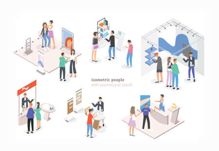 People walking among commercial promotional stands and talking to consultants and promoters advertising products or services at trade fair or exhibition. Colorful isometric vector illustration.のイラスト素材