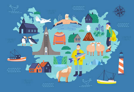 Map of Iceland with touristic landmarks and national symbols - lighthouse, sheep, fisherman, man in hot pool, Icelandic horse, Hallgrimskirkja. Colorful vector illustration in flat cartoon style.のイラスト素材