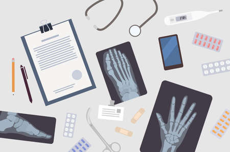 Doctor's or surgeon's table. Paper document, x-rays or radiographs of various body parts, smartphone, medications and medical tools lying on desk. Colorful vector illustration in flat cartoon styleのイラスト素材