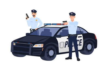 Two policemen or cops in uniform standing near car, holding guns and aiming them at someone. Police operation. Flat cartoon characters isolated on white background. Colorful vector illustration.のイラスト素材
