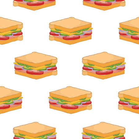 Seamless pattern with delicious sandwiches on white background. Tasty appetizing fast food meal for lunch or dinner. Colorful realistic vector illustration for wrapping paper, fabric print, wallpaper.のイラスト素材