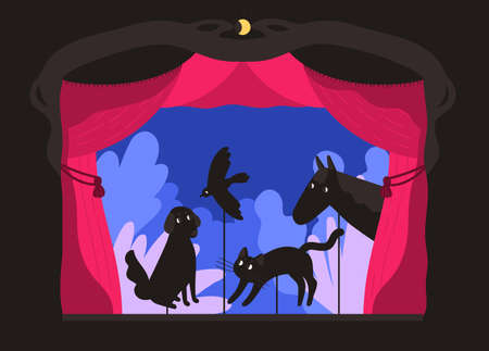 Rod shadow puppets manipulated by puppeteer at theater stage. Telling of scary story, entertaining performance with silhouettes of animals for children. Flat colorful cartoon vector illustration.のイラスト素材