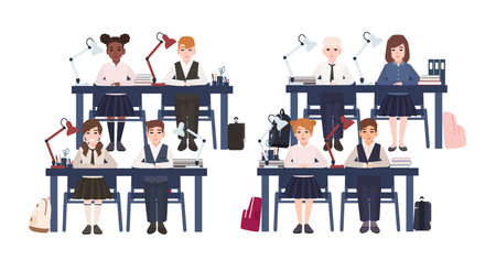 Pupils in uniform sitting at desks in classroom isolated on white background. Sad and smiling elementary school boys and girls on lesson in class. Colorful vector illustration in flat cartoon style.のイラスト素材