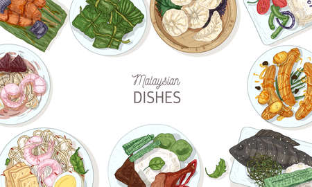 Horizontal banner template with tasty meals of Malaysian cuisine or frame made of delicious spicy Asian restaurant dishes lying on plates, top view. Colorful hand drawn realistic vector illustration.のイラスト素材