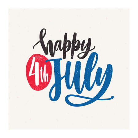 Happy 4th July holiday wish or inscription handwritten with elegant cursive calligraphic font on light background. United States of America Independence day lettering. Colored vector illustration.のイラスト素材